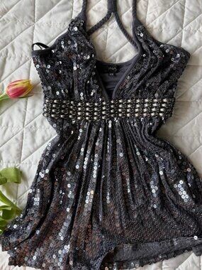 Silver Sparkly Y2K Mob Wife Aesthetic 2000s Sky Brand Designer Sequin Top